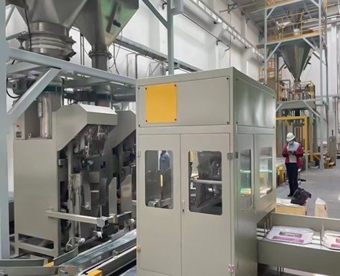 Argamassa, mistura seca, massa de gesso, pó, cimento, concreto, ensacamento automático, enchimento automático, empilhamento automático, linha de produção